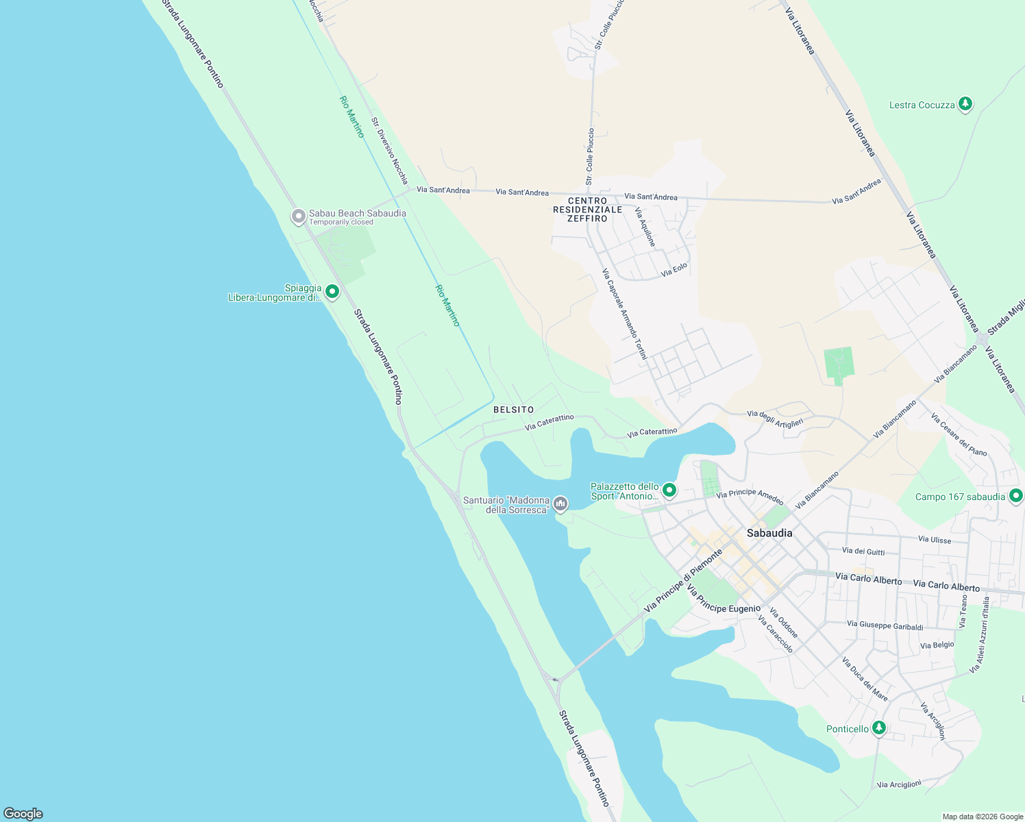 map of restaurants, bars, coffee shops, grocery stores, and more near 3 Belsito in Sabaudia