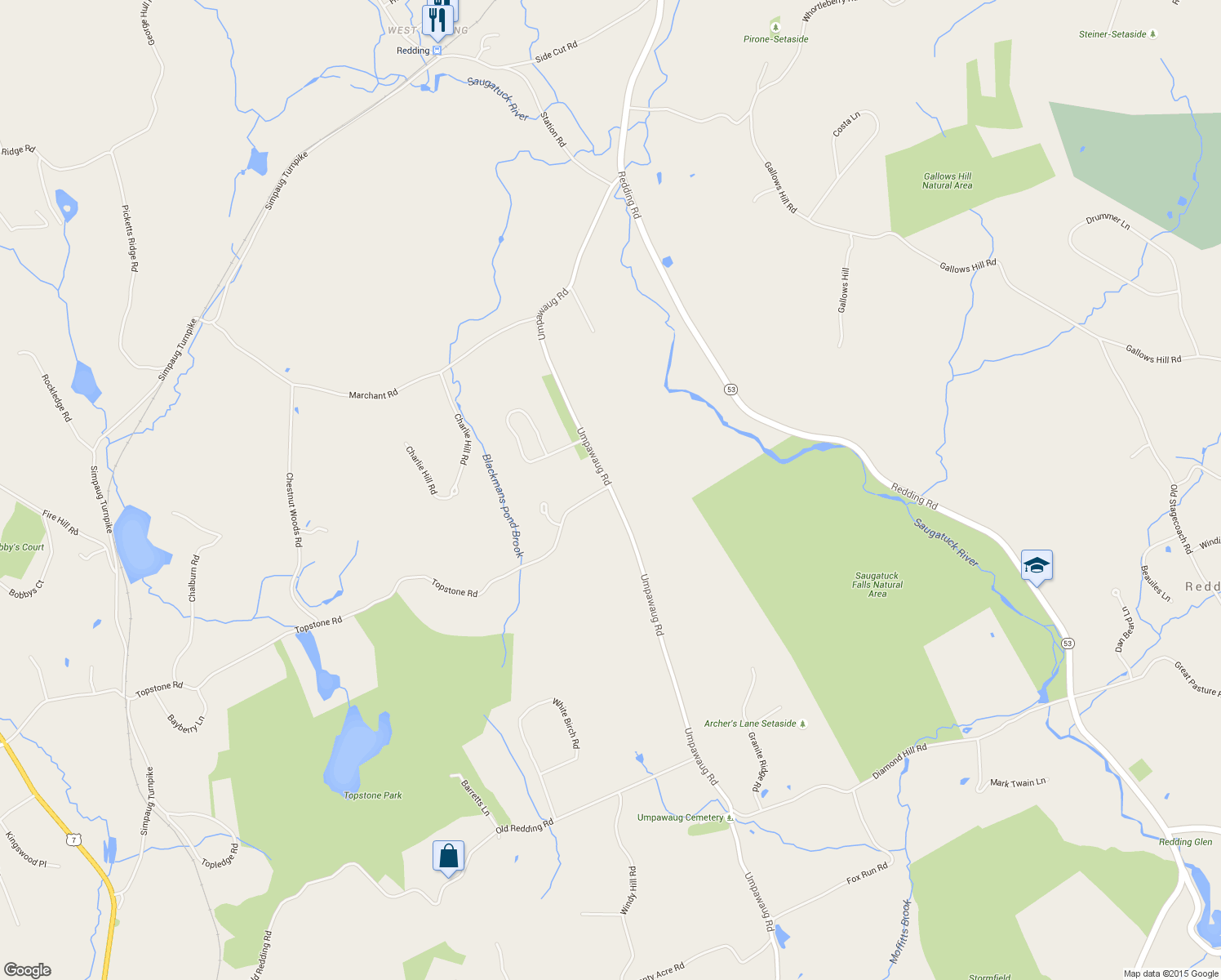 map of restaurants, bars, coffee shops, grocery stores, and more near 253 Umpawaug Road in Redding