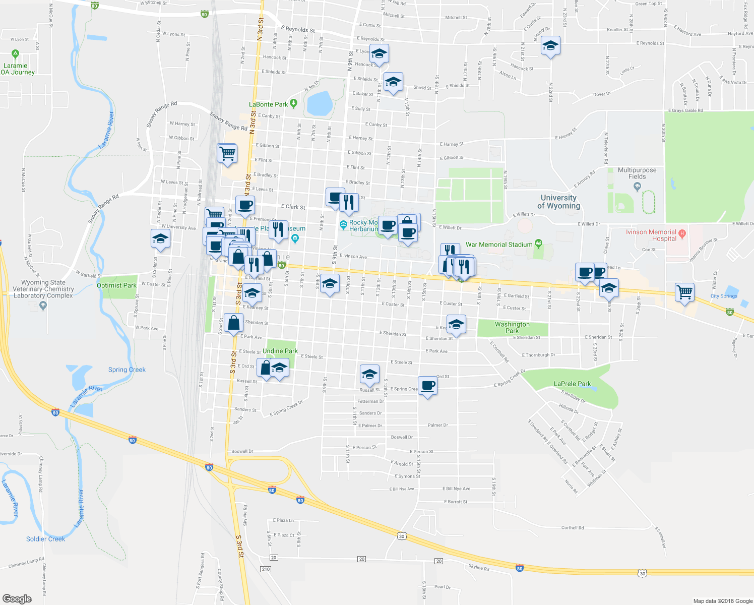 map of restaurants, bars, coffee shops, grocery stores, and more near East Custer Street in Laramie