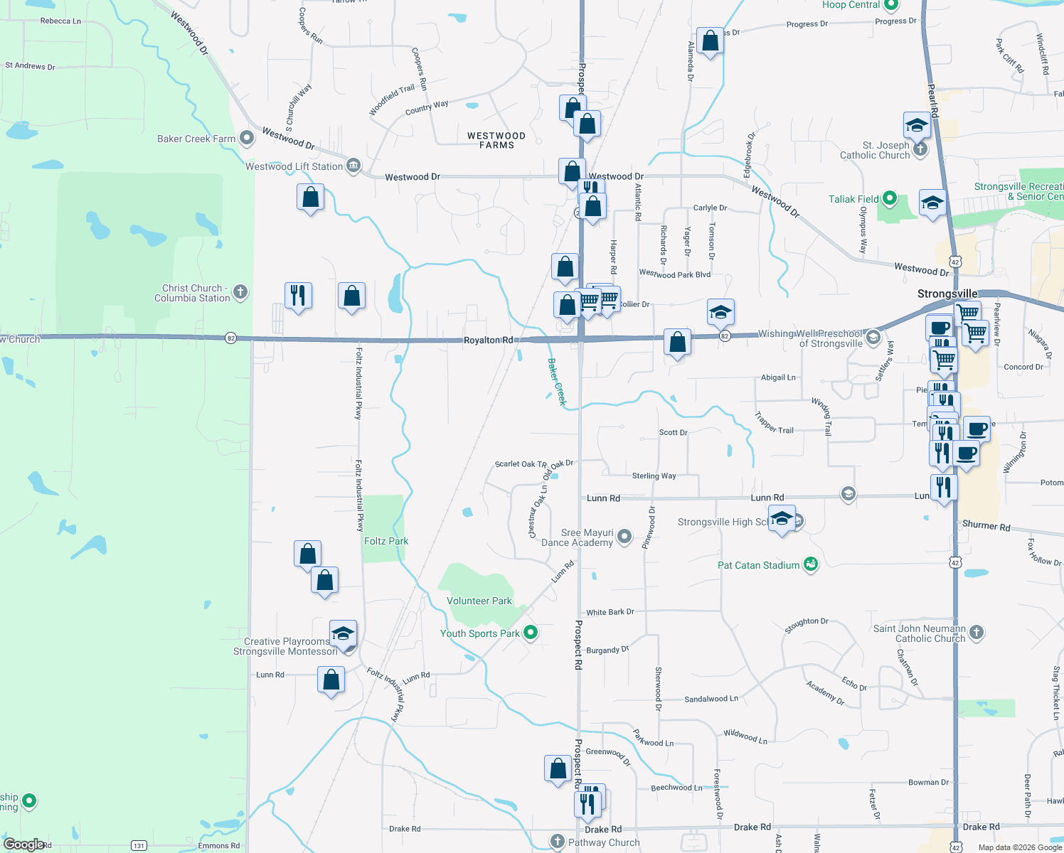 map of restaurants, bars, coffee shops, grocery stores, and more near 21260 Morris Drive in Strongsville