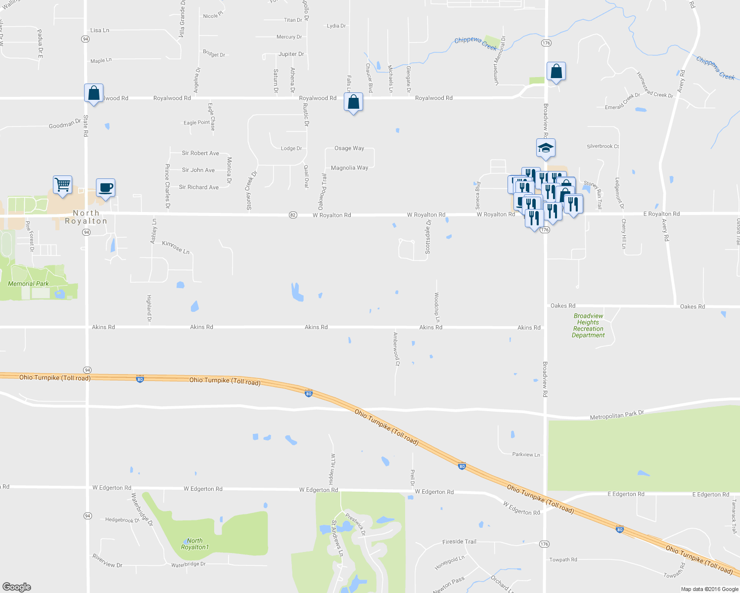 map of restaurants, bars, coffee shops, grocery stores, and more near 2538 Akins Road in Broadview Heights