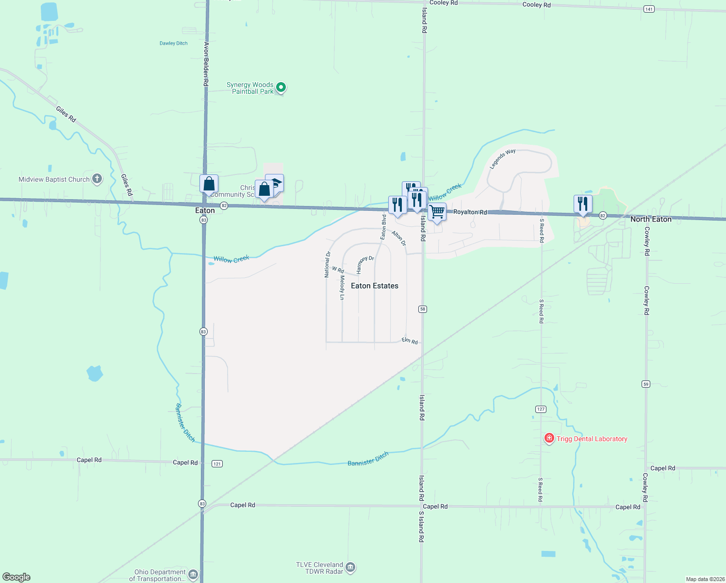 map of restaurants, bars, coffee shops, grocery stores, and more near 12395 Harmony Drive in Grafton