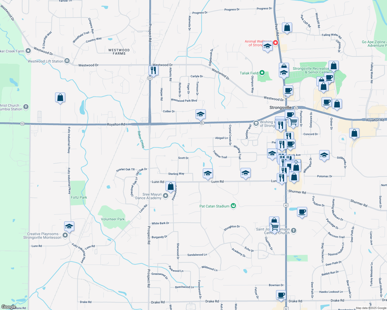 map of restaurants, bars, coffee shops, grocery stores, and more near 20328 Scott Drive in Strongsville