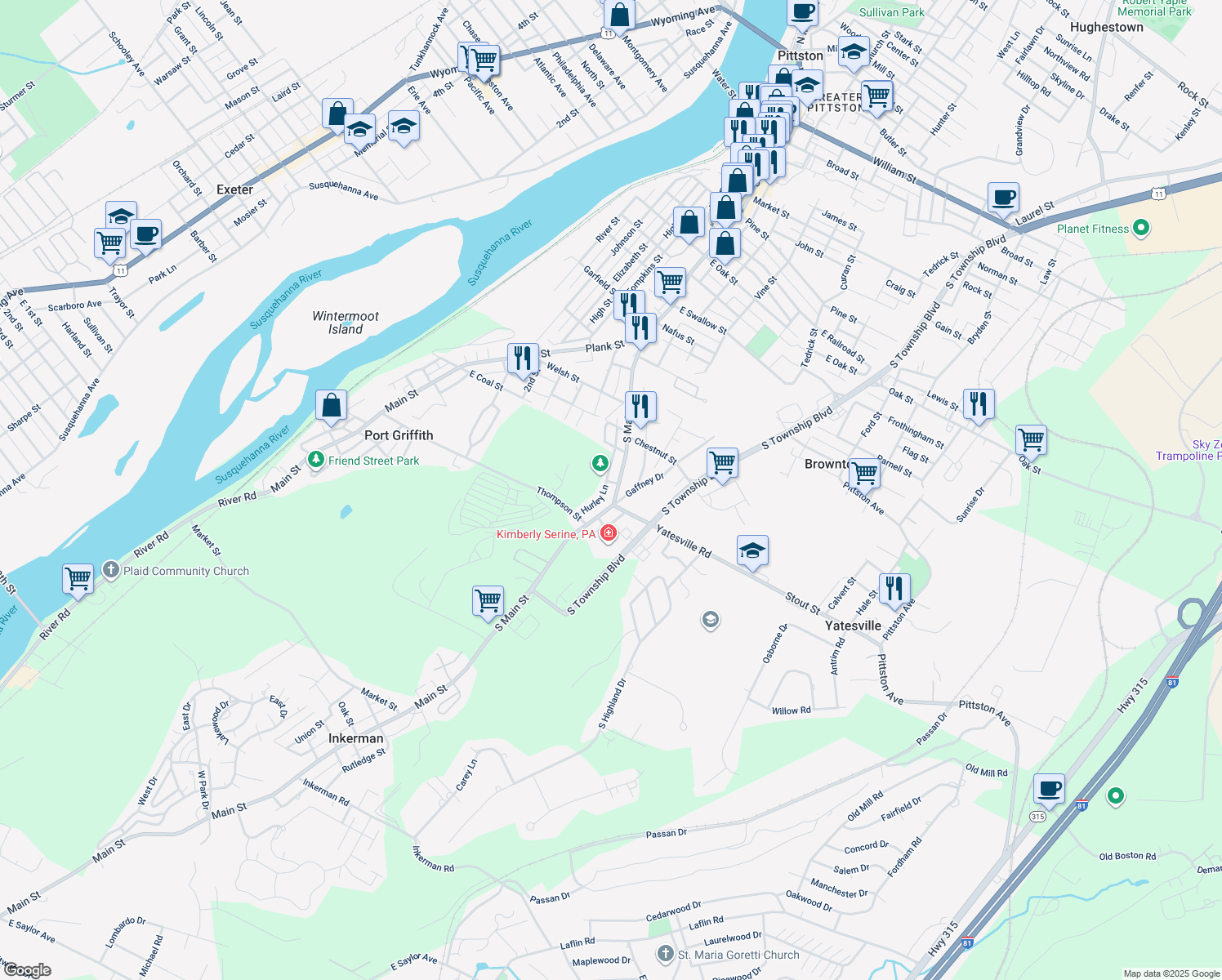 map of restaurants, bars, coffee shops, grocery stores, and more near 473 S Main St in Pittston