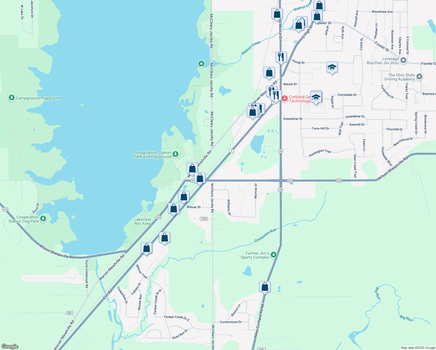 map of restaurants, bars, coffee shops, grocery stores, and more near 2211 Wilson Sharpsville Road in Cortland