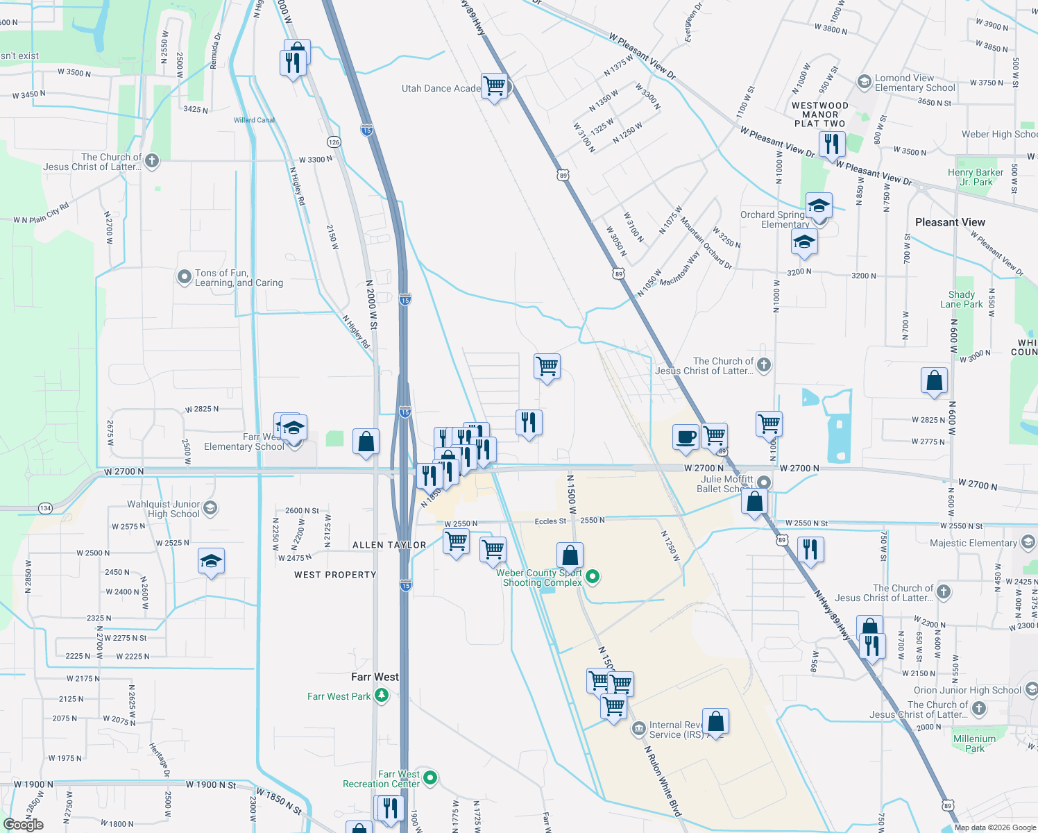 map of restaurants, bars, coffee shops, grocery stores, and more near Wasatch View Drive in Pleasant View