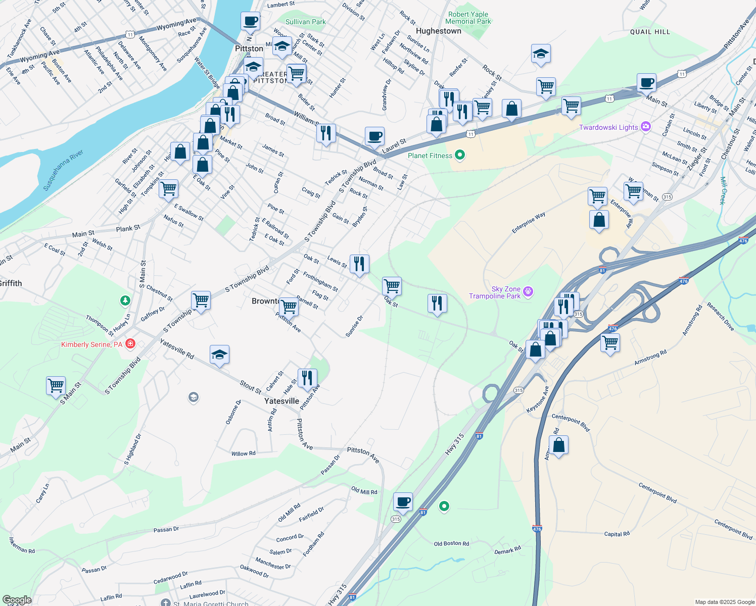 map of restaurants, bars, coffee shops, grocery stores, and more near 991 Sunrise Dr in Pittston