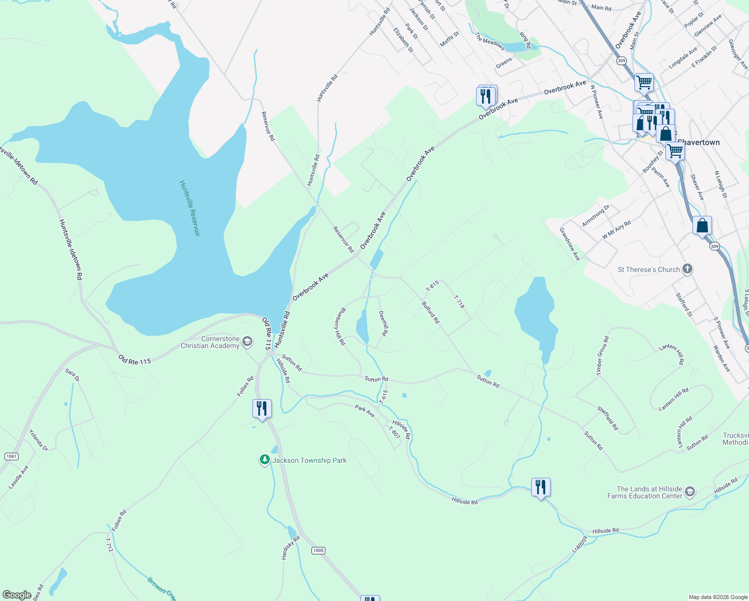 map of restaurants, bars, coffee shops, grocery stores, and more near 301-349 Blueberry Hill Road in Luzerne