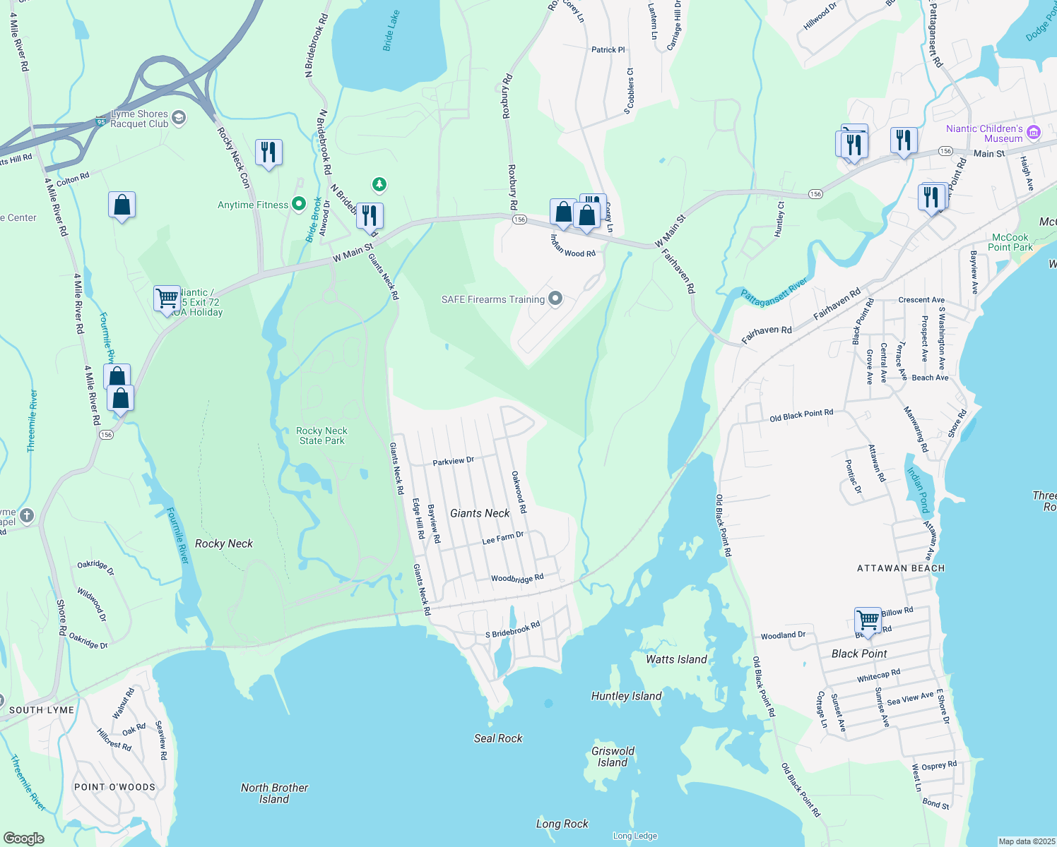 map of restaurants, bars, coffee shops, grocery stores, and more near 38 White Birch Cir in East Lyme