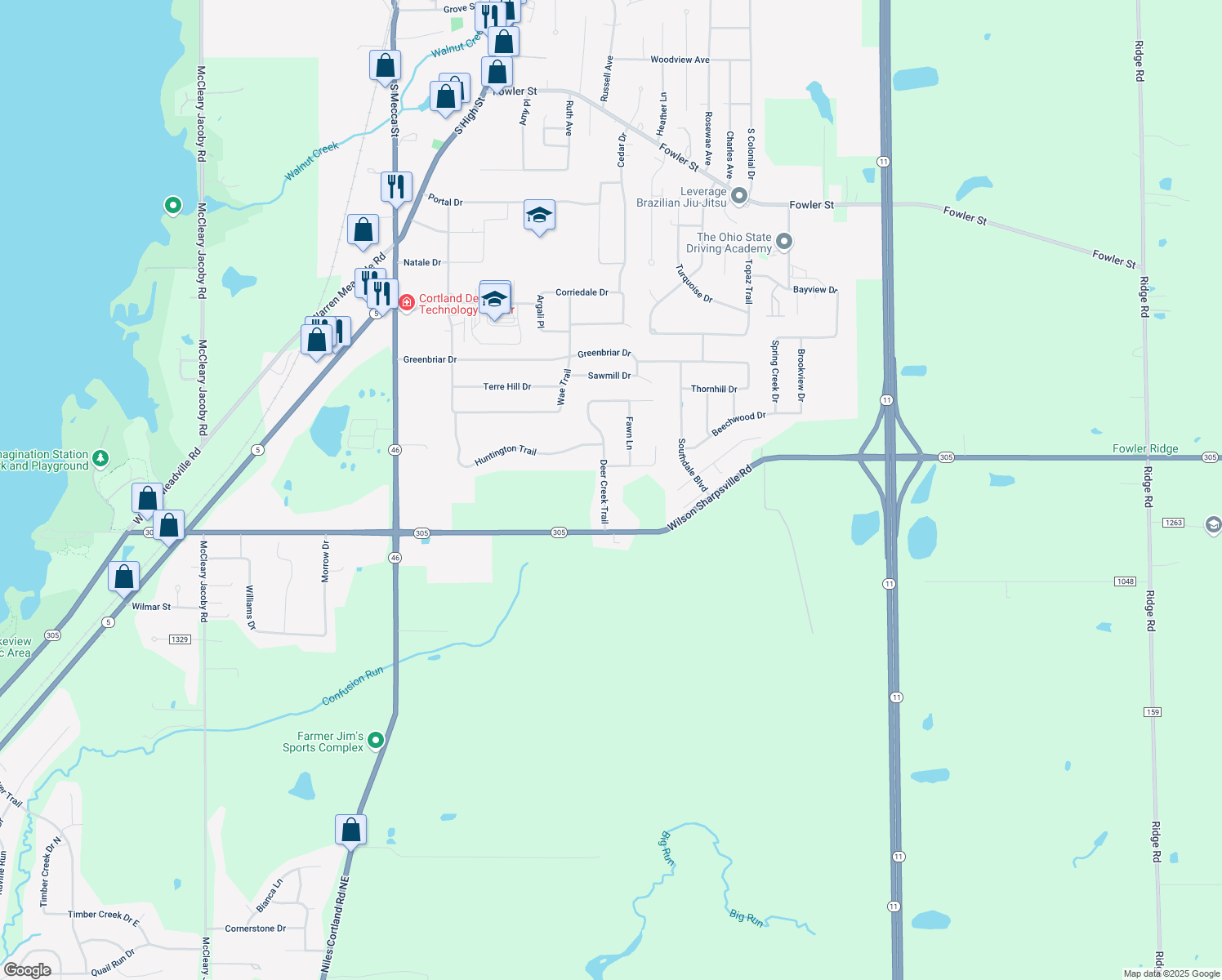 map of restaurants, bars, coffee shops, grocery stores, and more near 308 Deer Creek Trail in Cortland