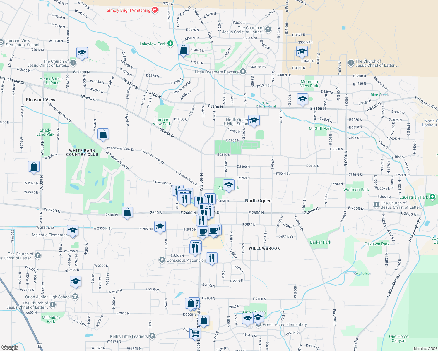 map of restaurants, bars, coffee shops, grocery stores, and more near 470 East 2750 North in Ogden