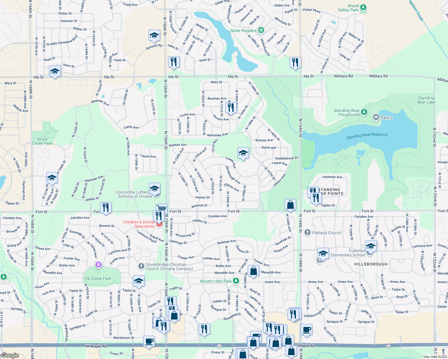 map of restaurants, bars, coffee shops, grocery stores, and more near 5613 North 151st Street in Omaha