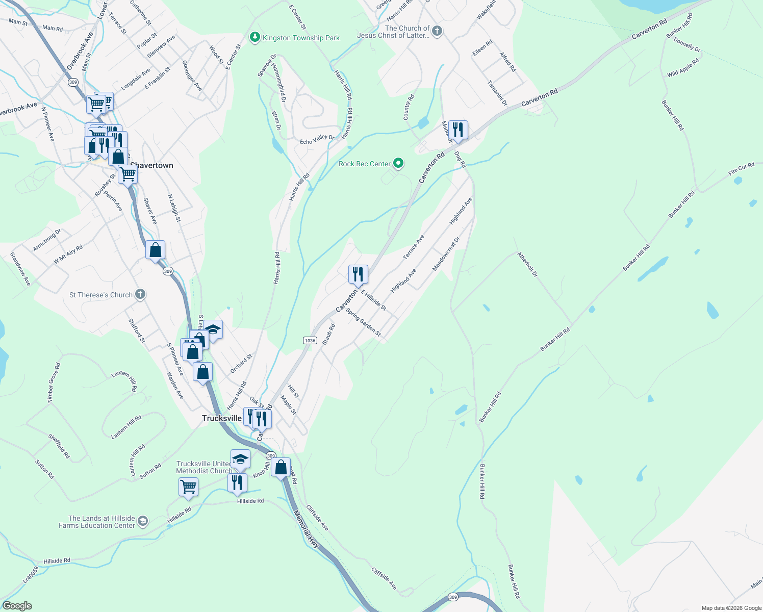 map of restaurants, bars, coffee shops, grocery stores, and more near 179 E Hillside St in Back Mountain