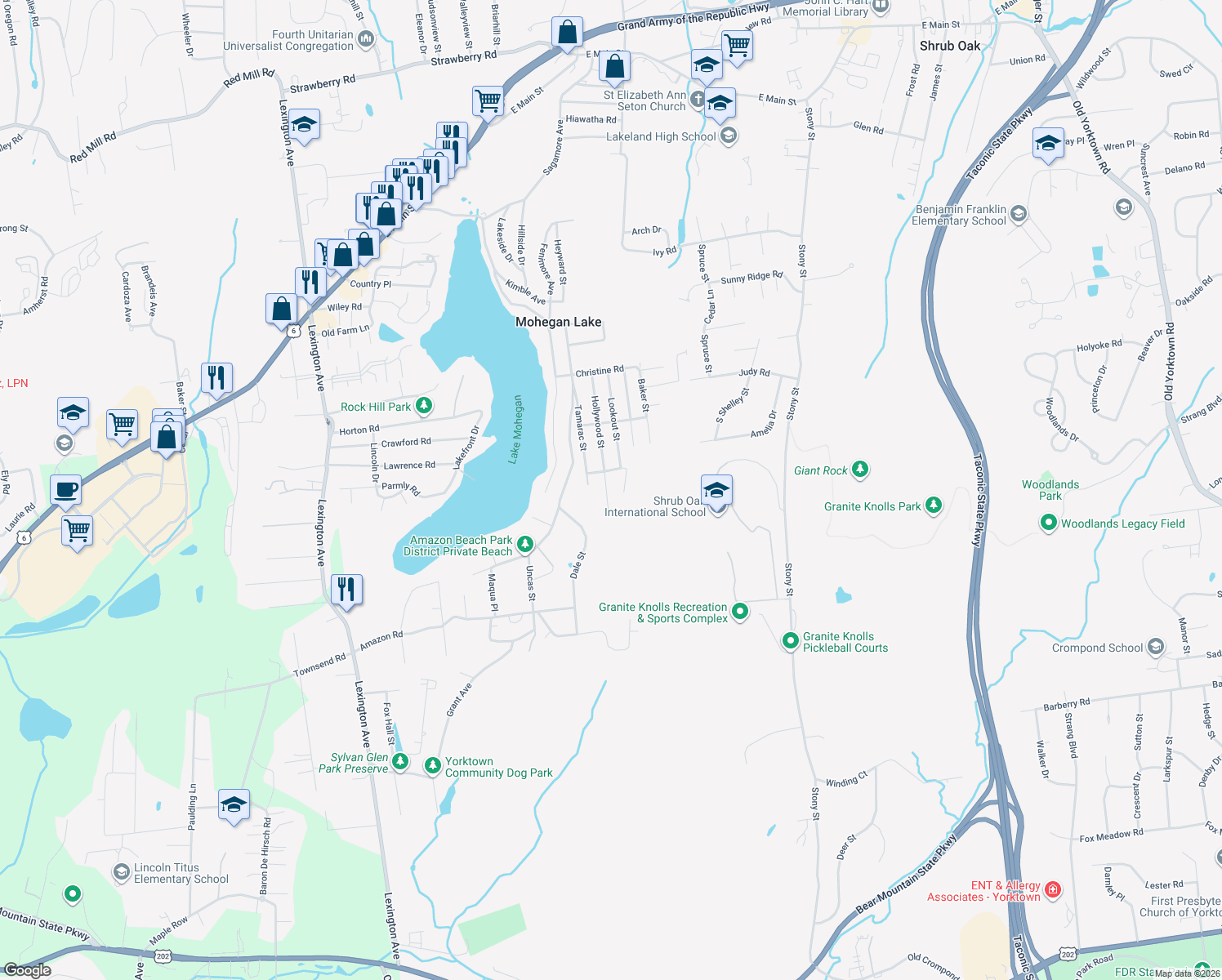 map of restaurants, bars, coffee shops, grocery stores, and more near 3196 Hollywood Street in Mohegan Lake