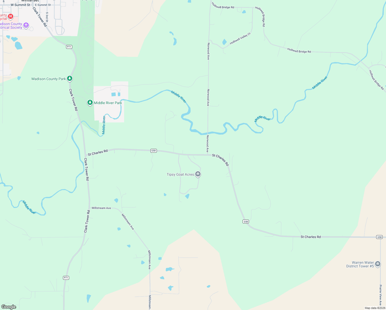 map of restaurants, bars, coffee shops, grocery stores, and more near 2342 Saint Charles Road in Winterset