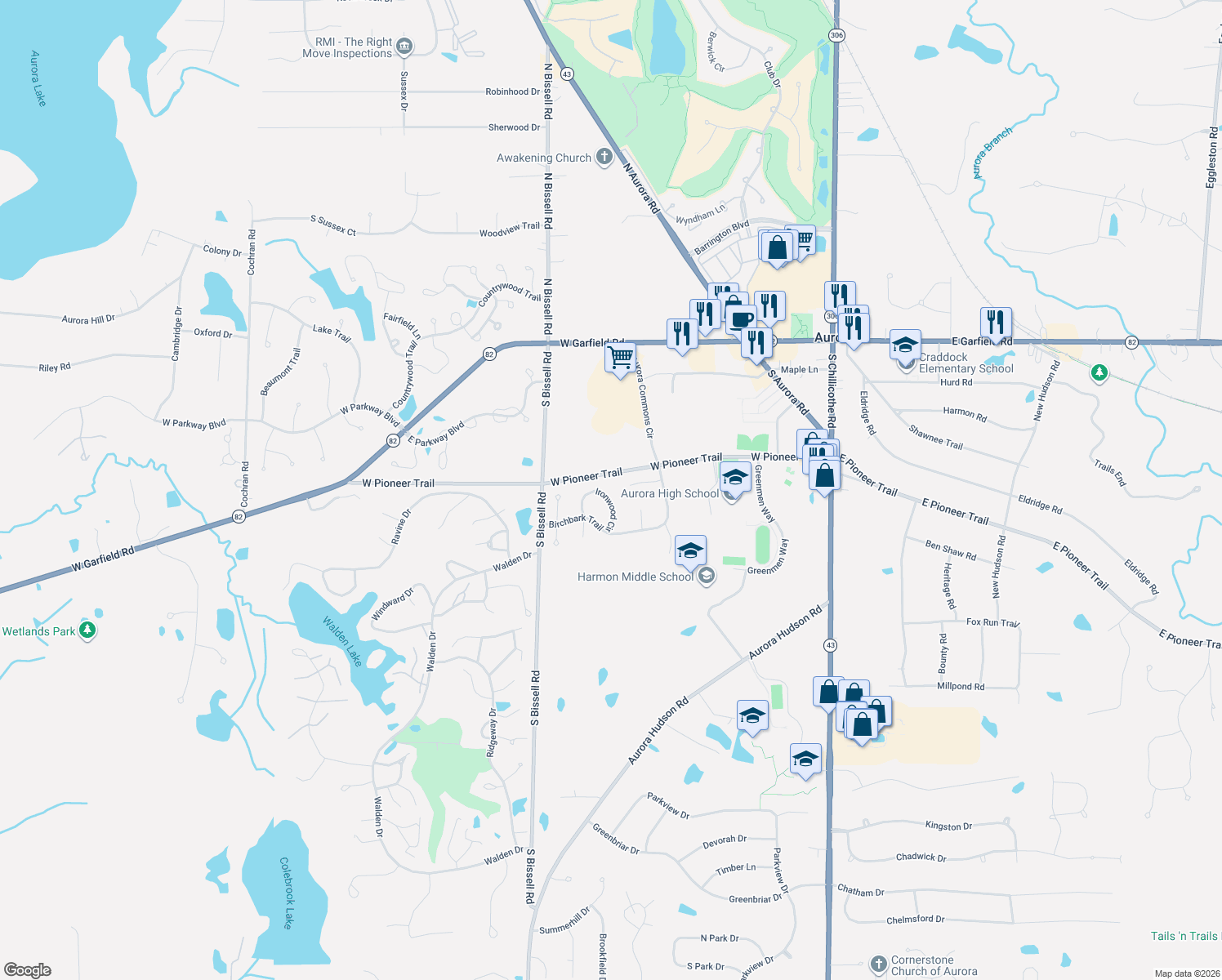 map of restaurants, bars, coffee shops, grocery stores, and more near 180 Ironwood Circle in Aurora