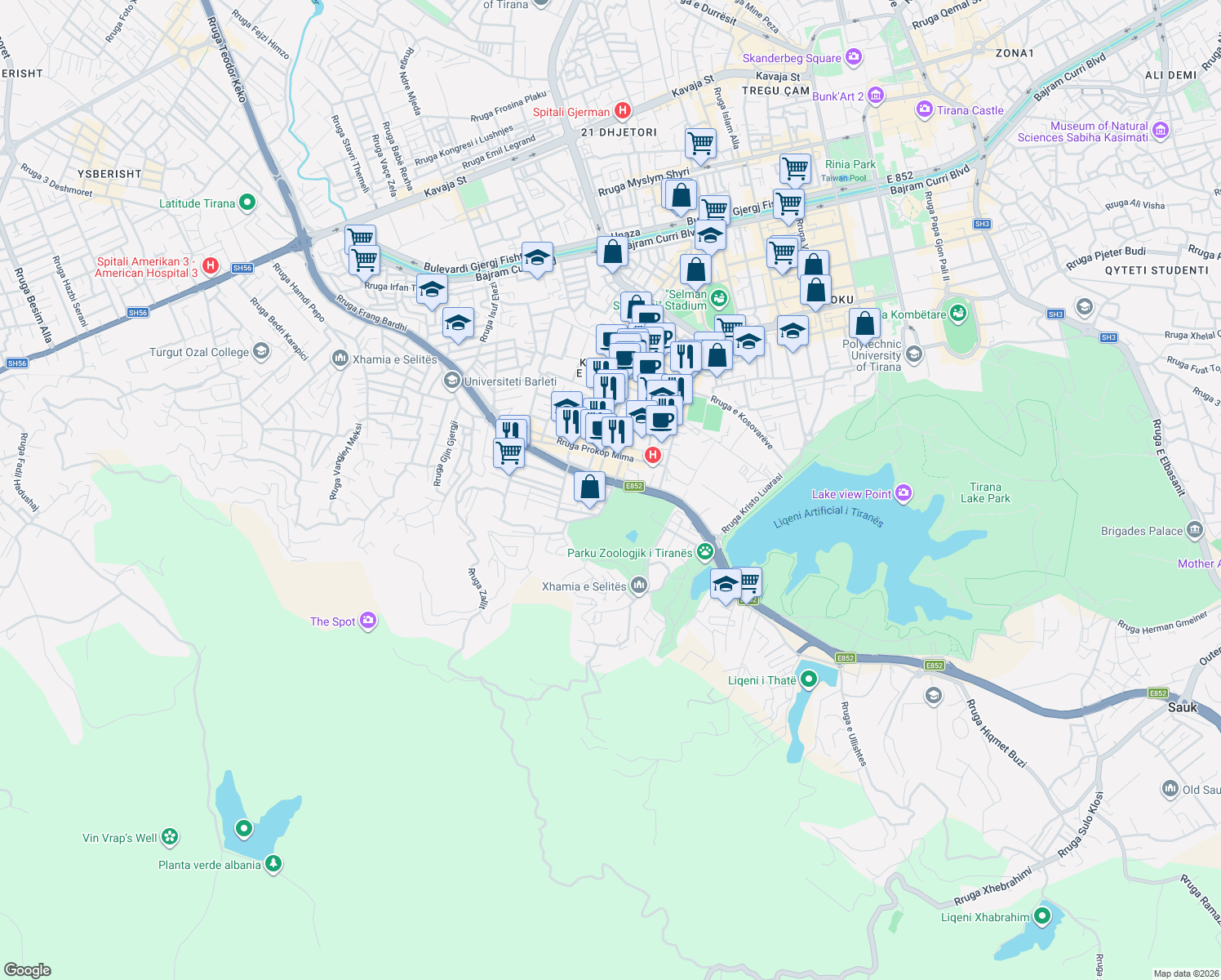 map of restaurants, bars, coffee shops, grocery stores, and more near Rruga Shkelqim Fusha in Tiranë