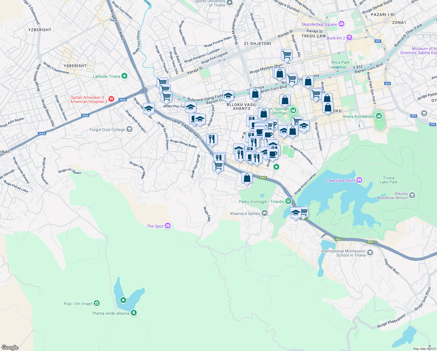 map of restaurants, bars, coffee shops, grocery stores, and more near Rruga Rrapo Hekali in Tirana