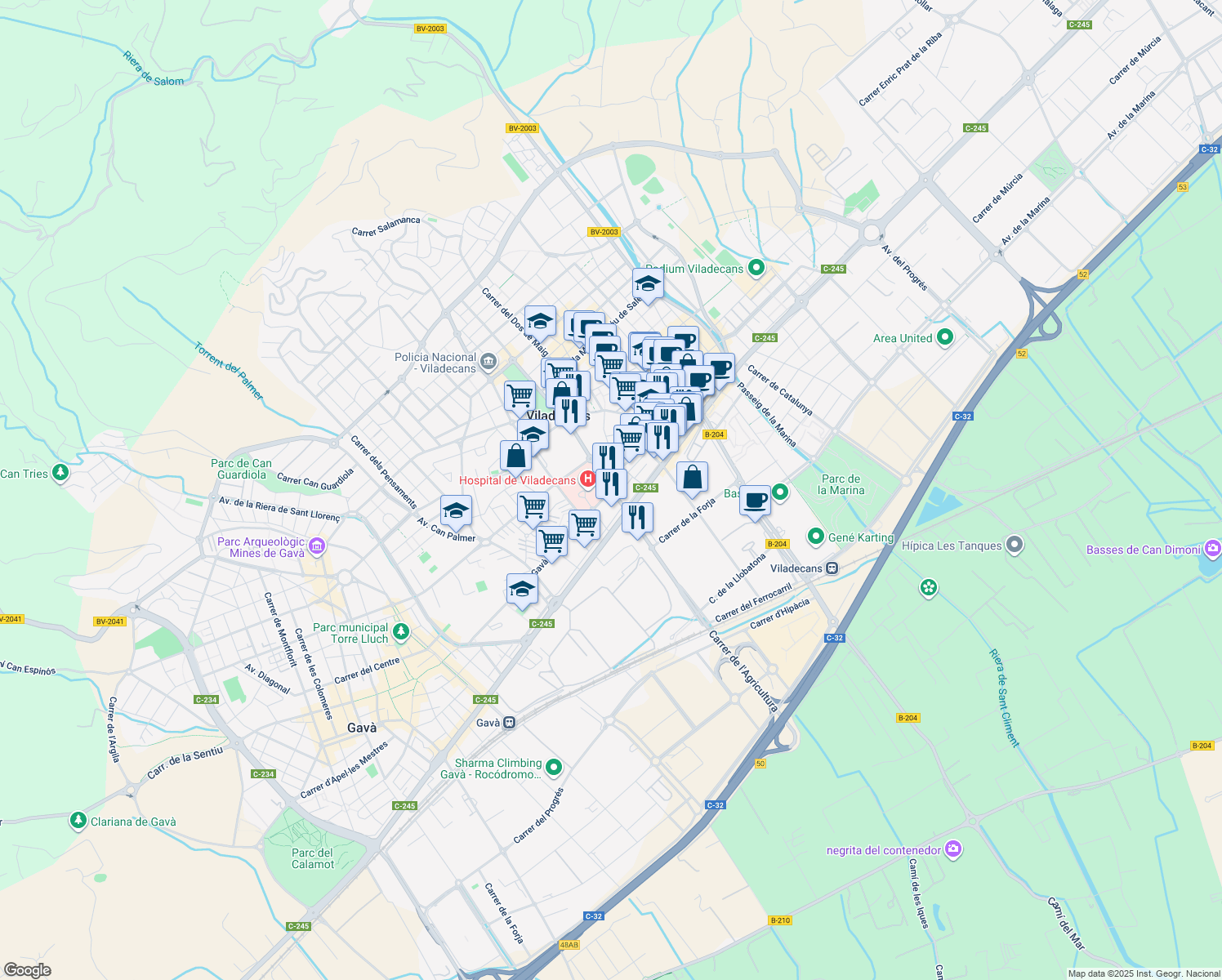 map of restaurants, bars, coffee shops, grocery stores, and more near in Viladecans