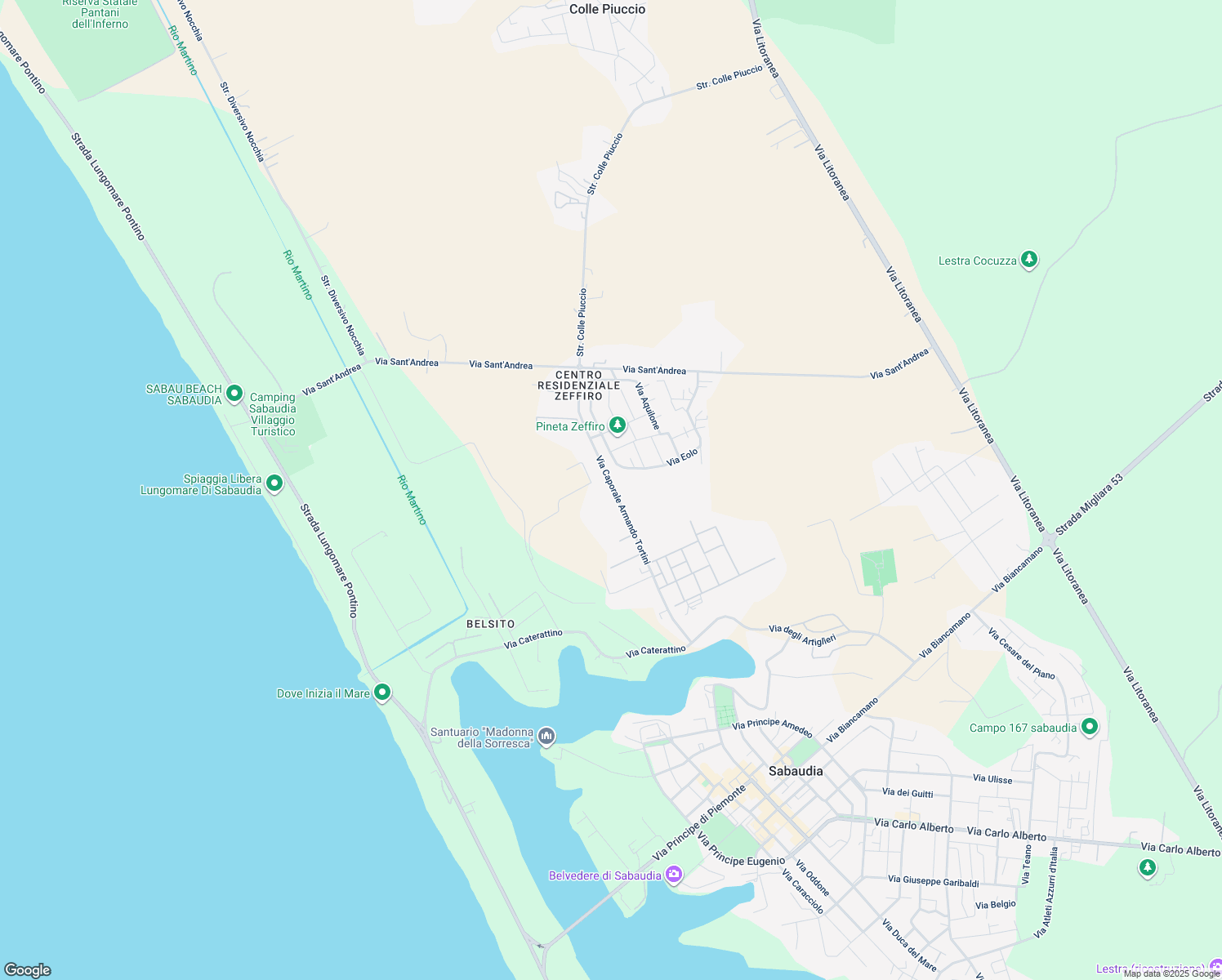 map of restaurants, bars, coffee shops, grocery stores, and more near 47 Via Caporale Armando Tortini in Sabaudia