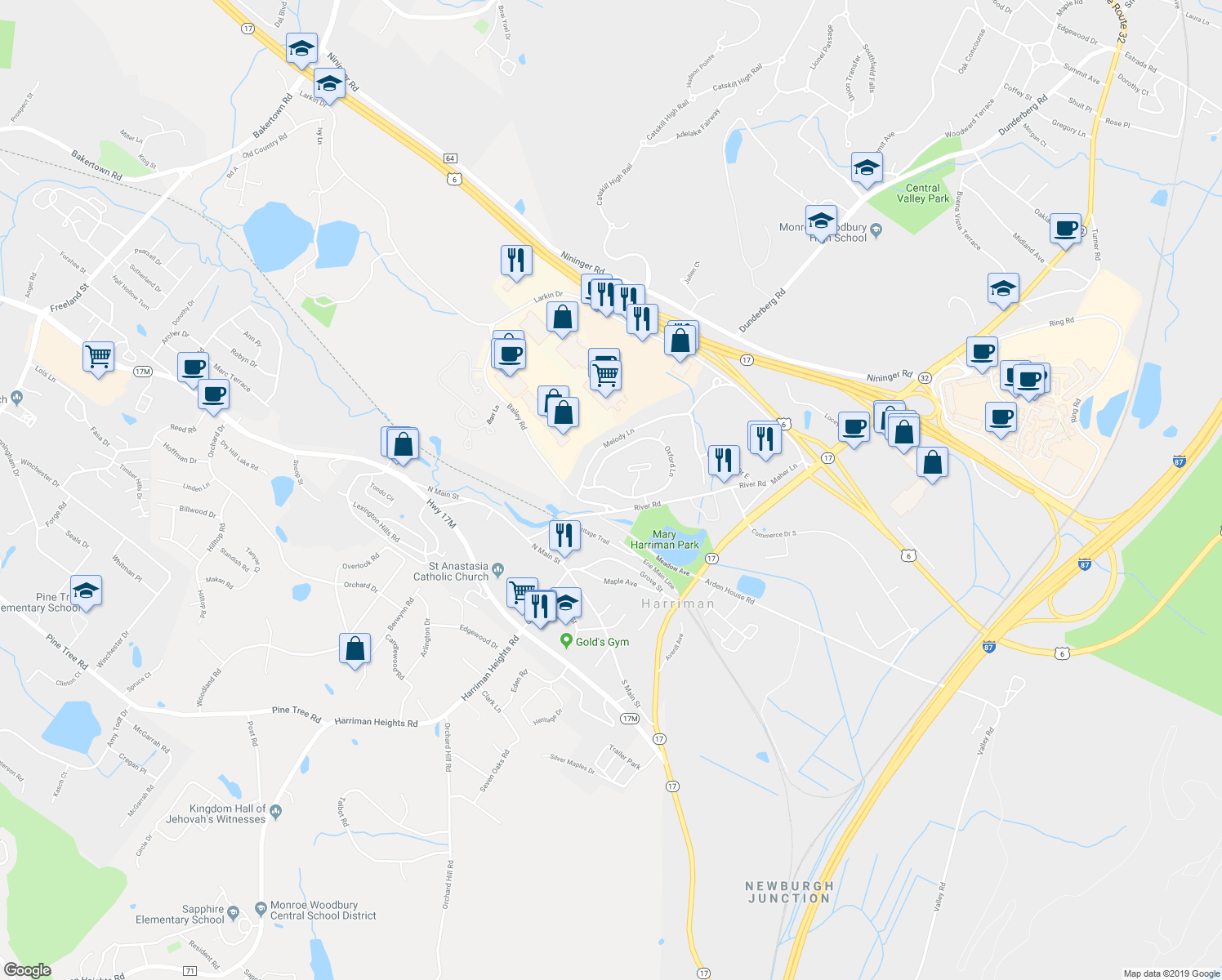 map of restaurants, bars, coffee shops, grocery stores, and more near 6 Oxford Lane in Harriman