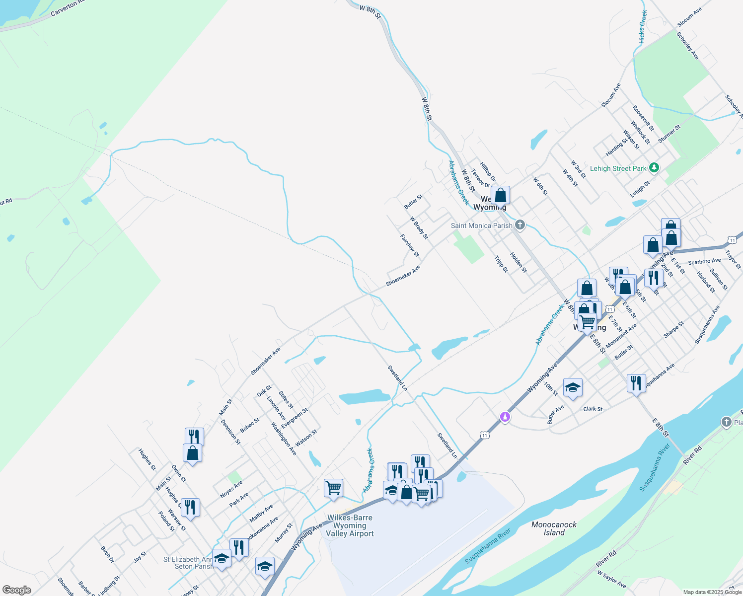 map of restaurants, bars, coffee shops, grocery stores, and more near 1246 Shoemaker Avenue in West Wyoming