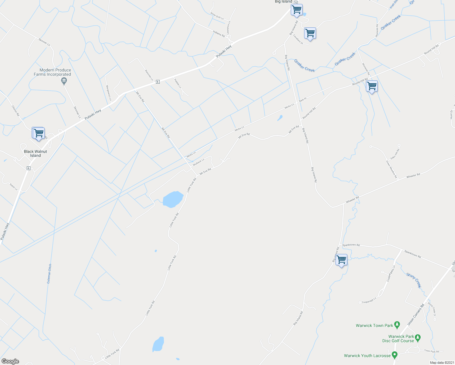 map of restaurants, bars, coffee shops, grocery stores, and more near 224 Mount Eve Road in Goshen