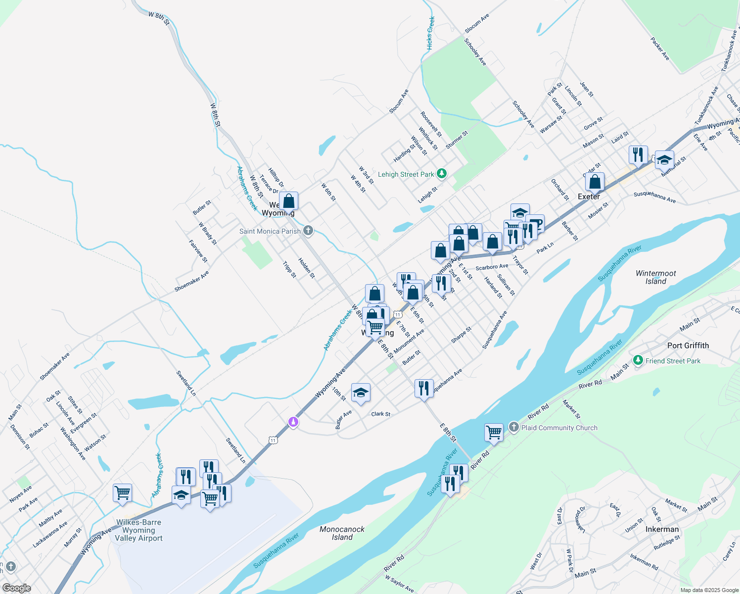 map of restaurants, bars, coffee shops, grocery stores, and more near 30 Breese Street in Wyoming