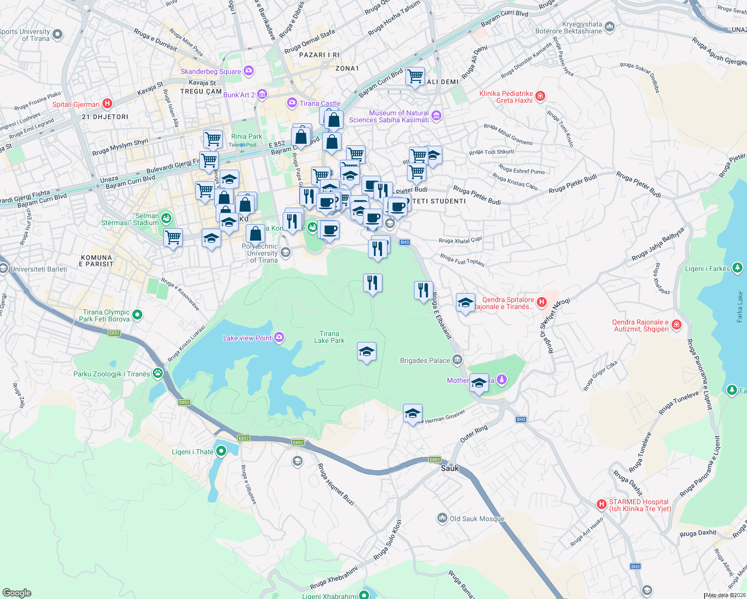 map of restaurants, bars, coffee shops, grocery stores, and more near Rruga Skerdilajd Llagami in Tirana
