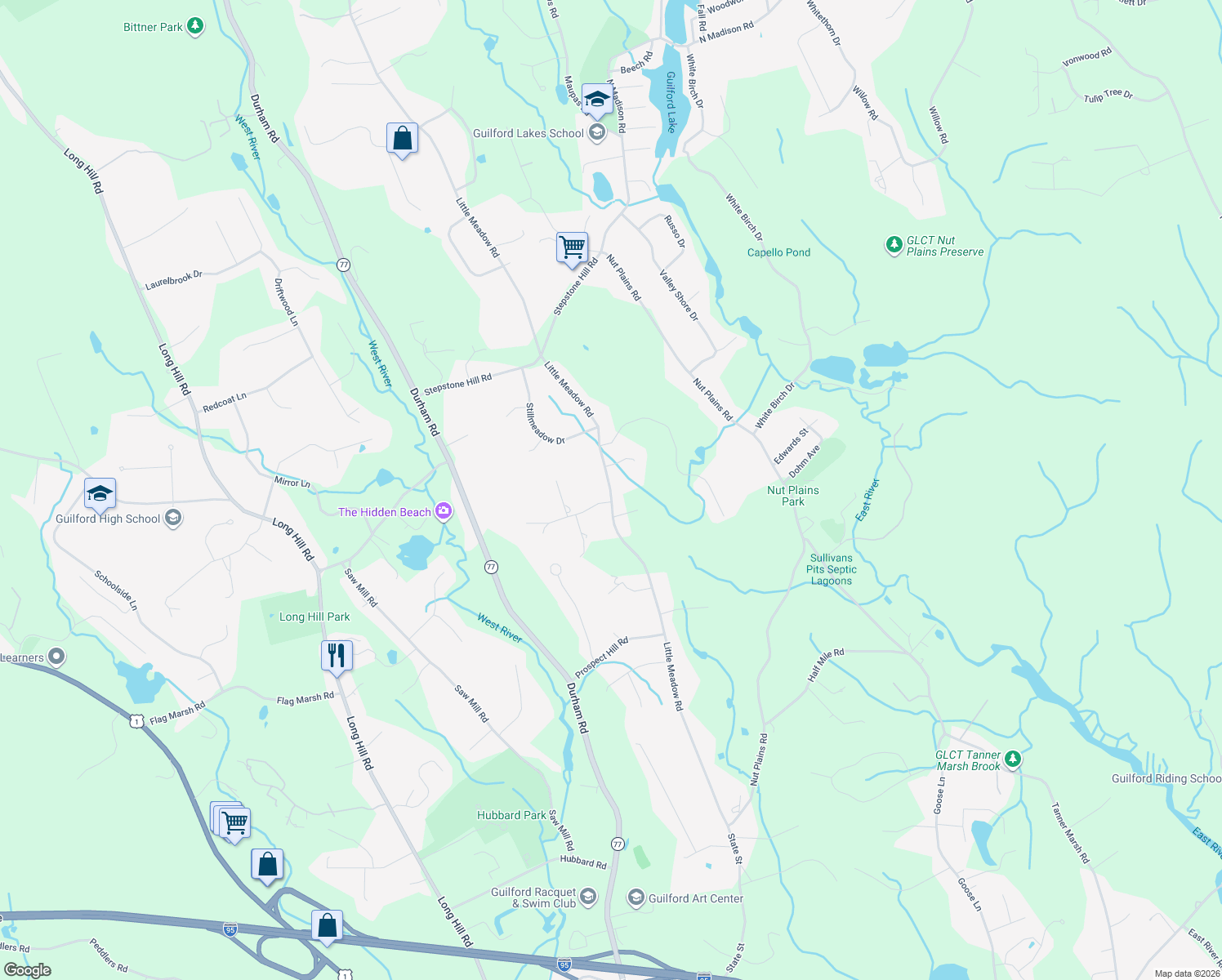 map of restaurants, bars, coffee shops, grocery stores, and more near 525 Little Meadow Road in Guilford