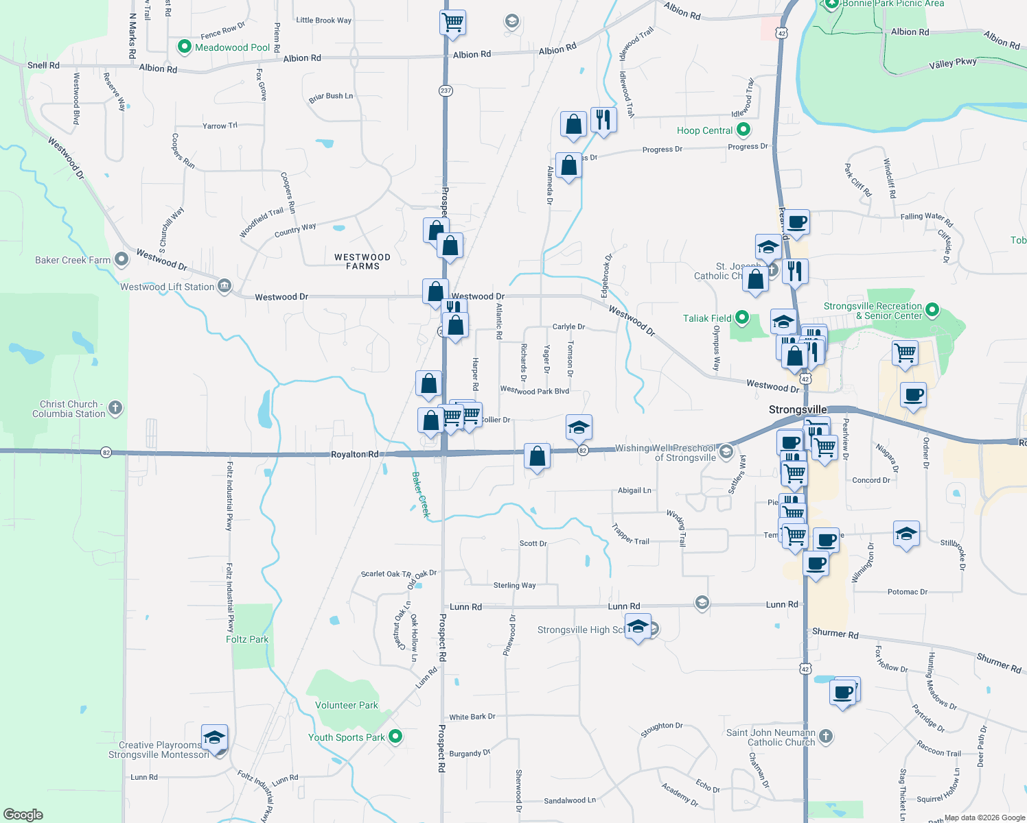 map of restaurants, bars, coffee shops, grocery stores, and more near 20618 Collier Drive in Strongsville