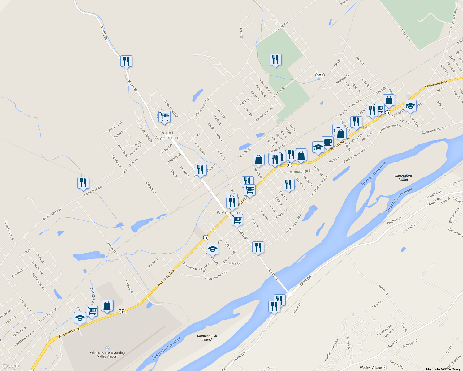 map of restaurants, bars, coffee shops, grocery stores, and more near 42 Breese Street in Wyoming