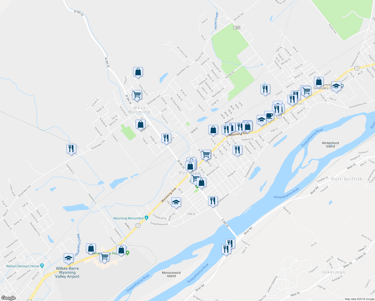 map of restaurants, bars, coffee shops, grocery stores, and more near 55 West 8th Street in Wyoming