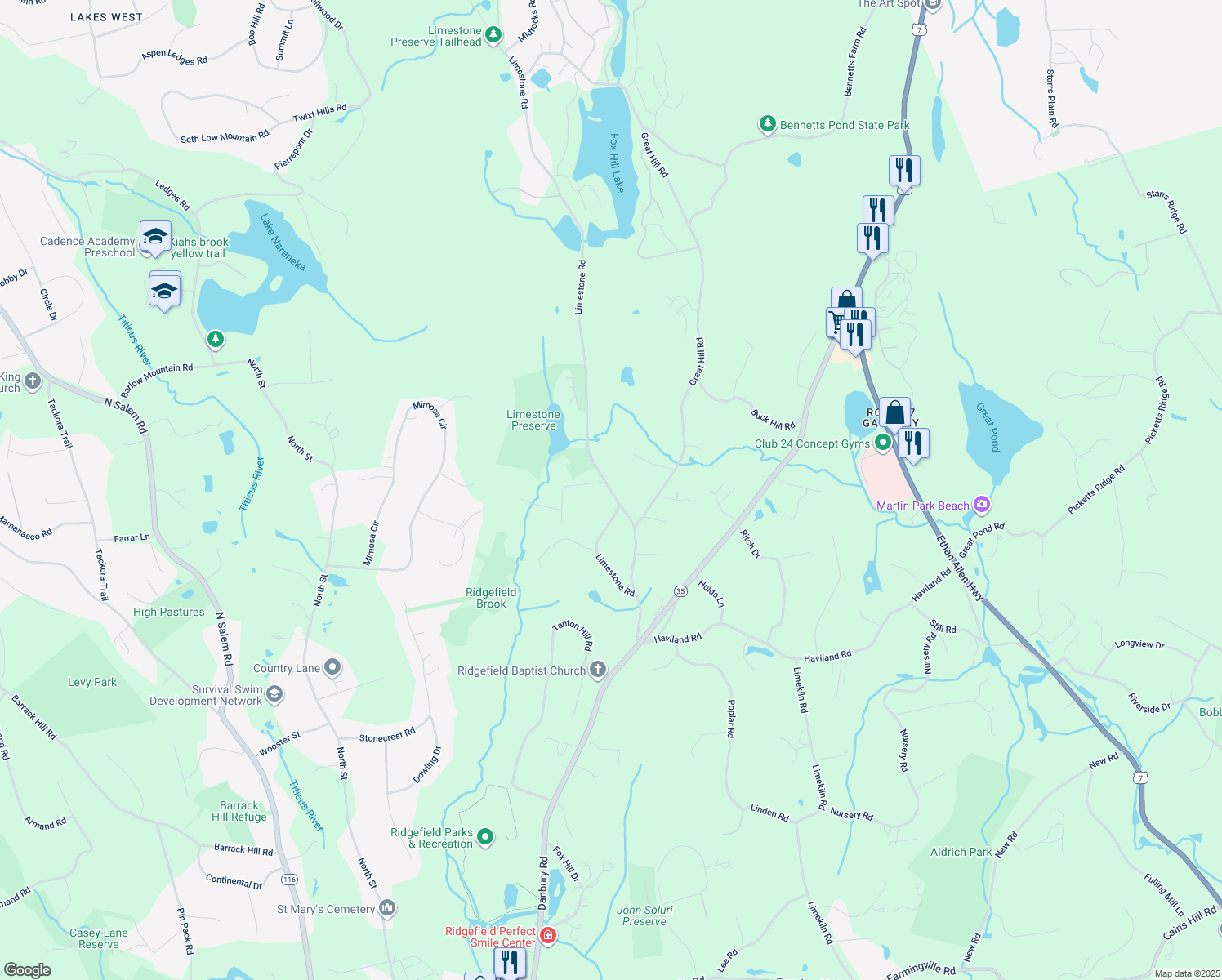 map of restaurants, bars, coffee shops, grocery stores, and more near 108 Limestone Road in Ridgefield