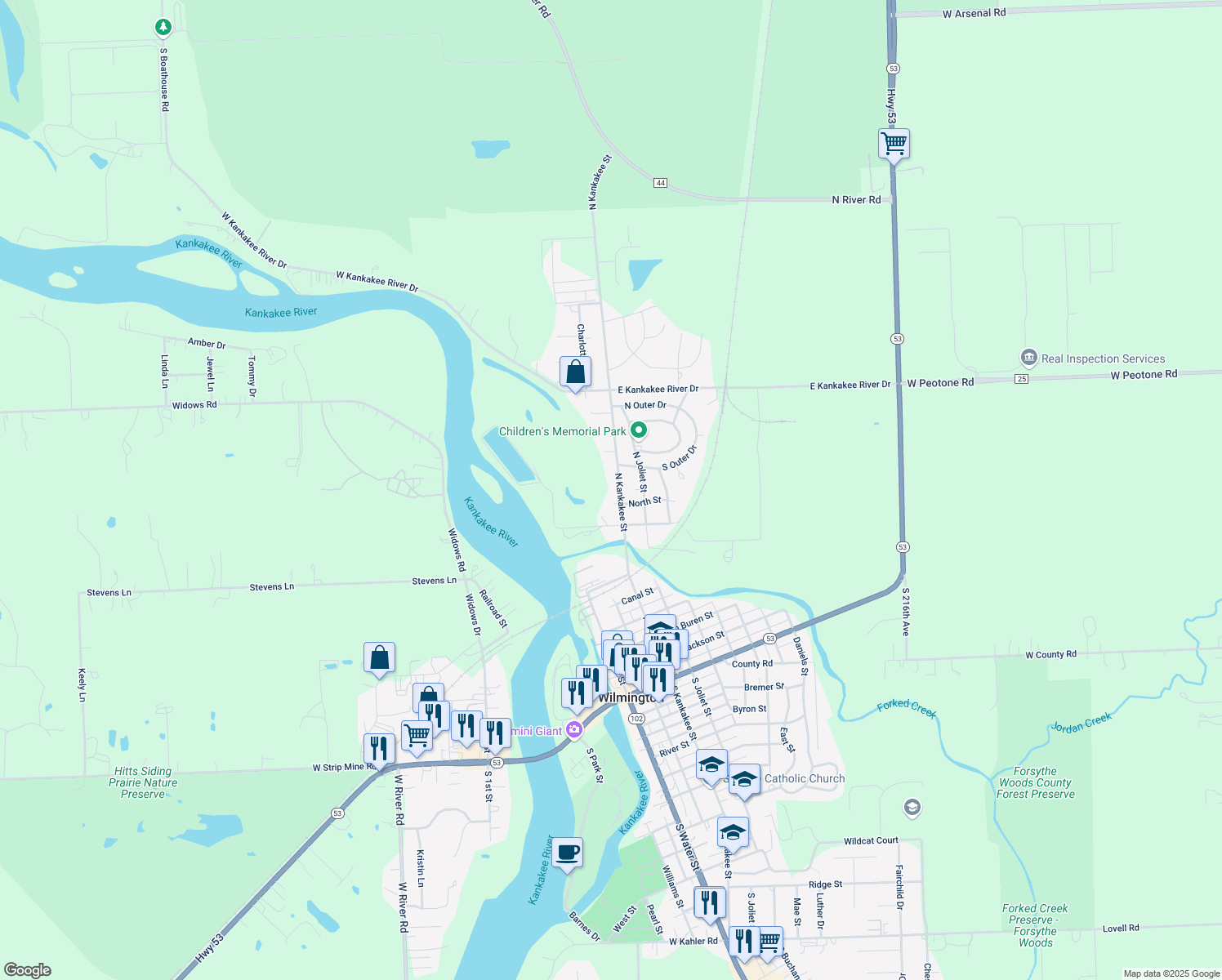 map of restaurants, bars, coffee shops, grocery stores, and more near 918 North Kankakee Street in Wilmington