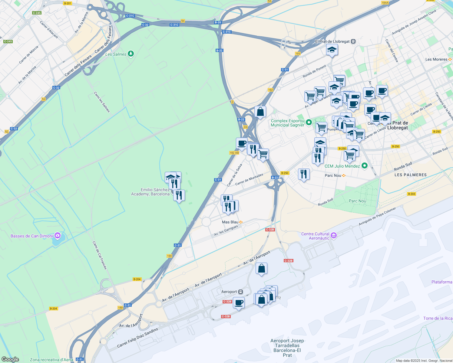 map of restaurants, bars, coffee shops, grocery stores, and more near 12 Carrer de la Selva in Barcelona