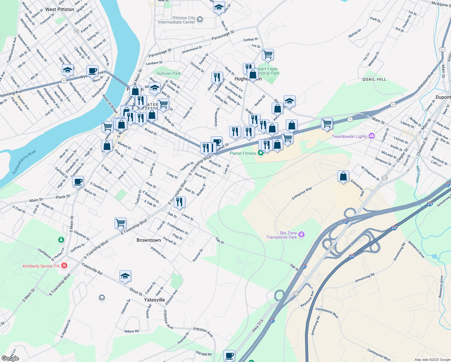 map of restaurants, bars, coffee shops, grocery stores, and more near 77 Norman St in Pittston