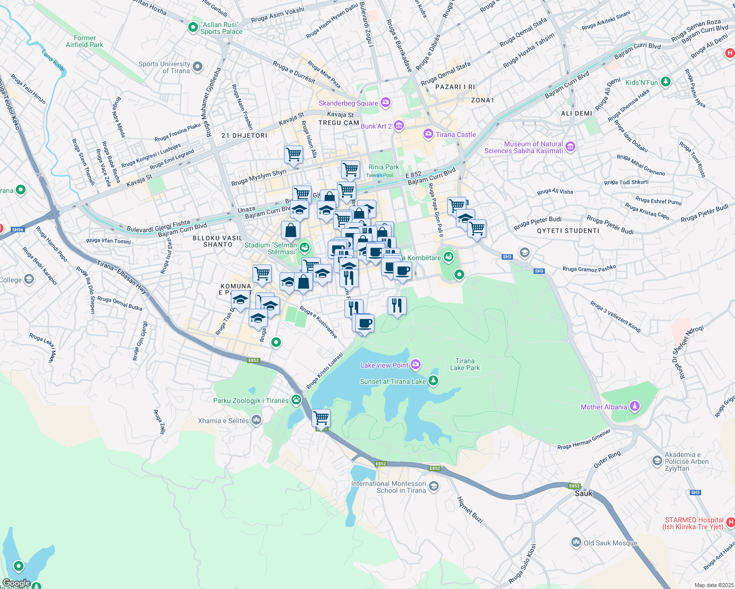 map of restaurants, bars, coffee shops, grocery stores, and more near Rruga Adem Jashari in Tirana