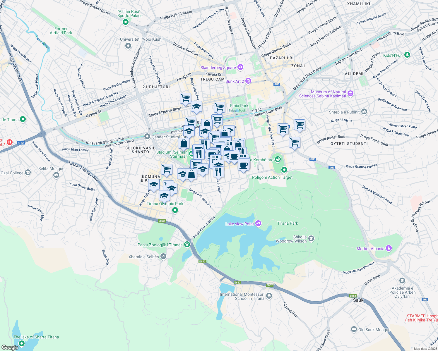 map of restaurants, bars, coffee shops, grocery stores, and more near Rruga Sami Frashëri in Tirana