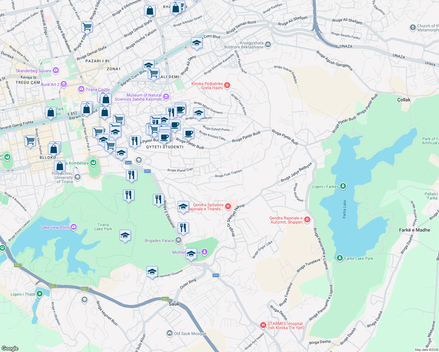 map of restaurants, bars, coffee shops, grocery stores, and more near Rruga Fuat Toptani in Tirana