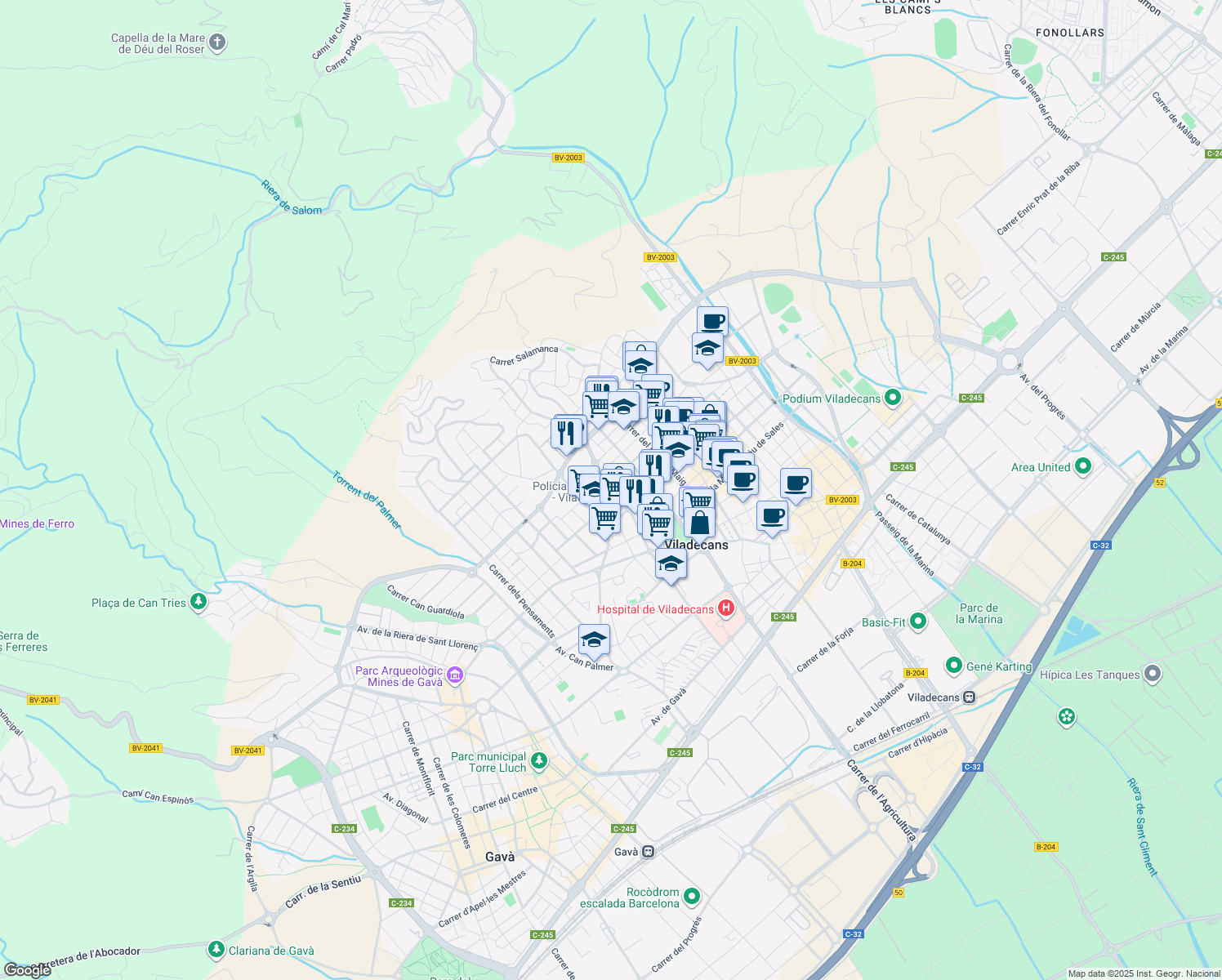 map of restaurants, bars, coffee shops, grocery stores, and more near in Viladecans