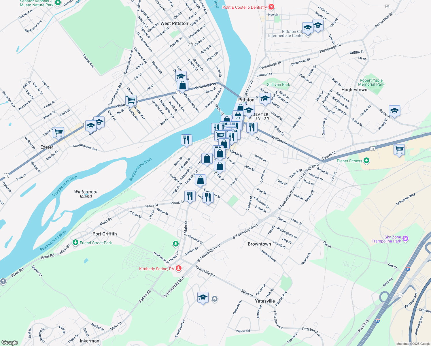 map of restaurants, bars, coffee shops, grocery stores, and more near 12 E Oak St in Pittston