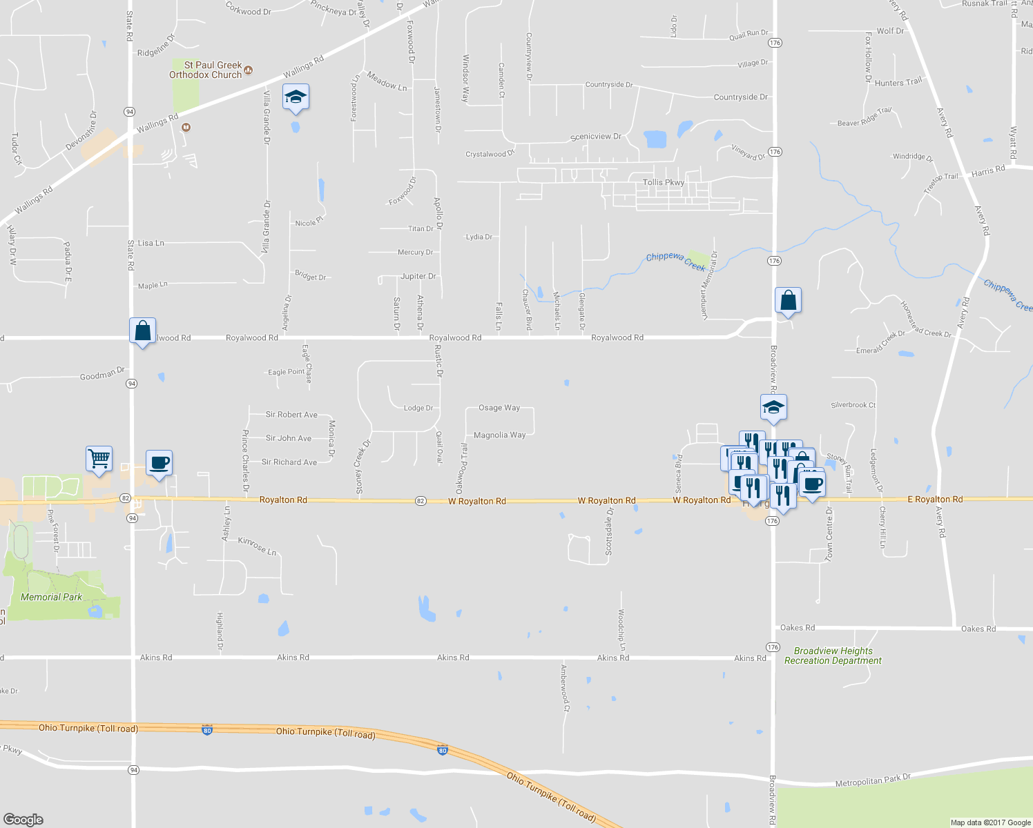 map of restaurants, bars, coffee shops, grocery stores, and more near 3079 Osage Way in Broadview Heights