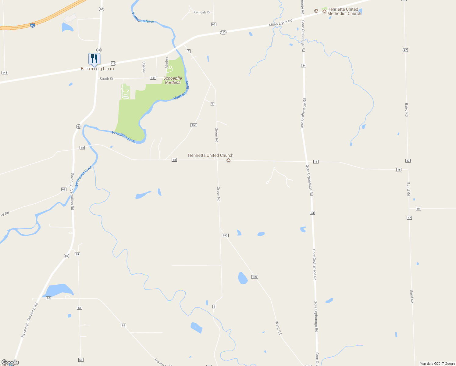 map of restaurants, bars, coffee shops, grocery stores, and more near 11923 Green Road in Wakeman