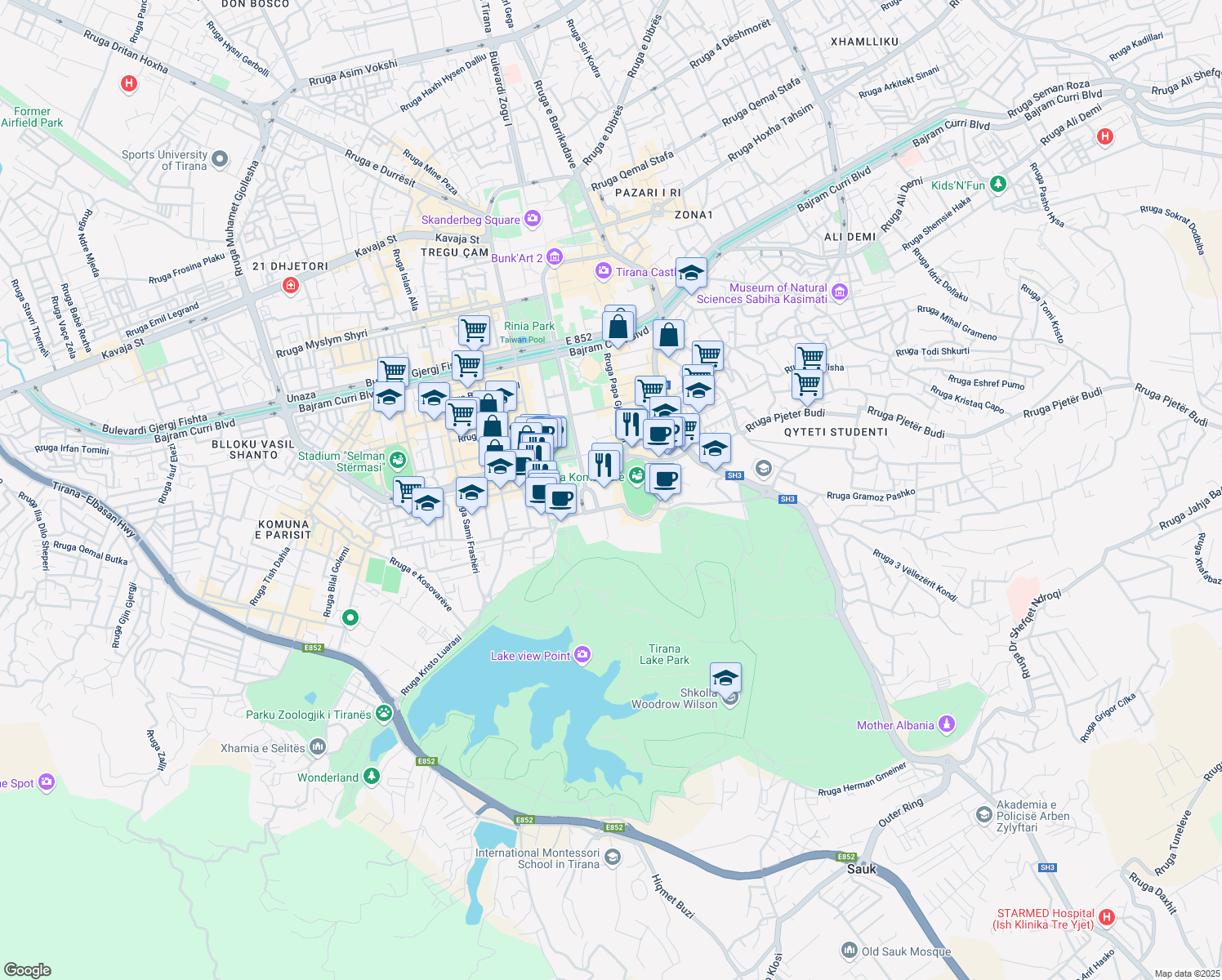 map of restaurants, bars, coffee shops, grocery stores, and more near Sheshi Italia in Tirana