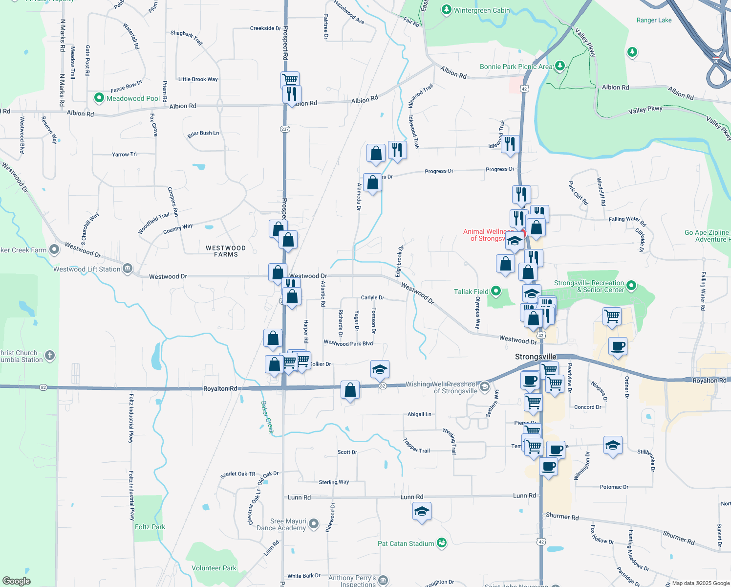 map of restaurants, bars, coffee shops, grocery stores, and more near 20370 Carlyle Drive in Strongsville