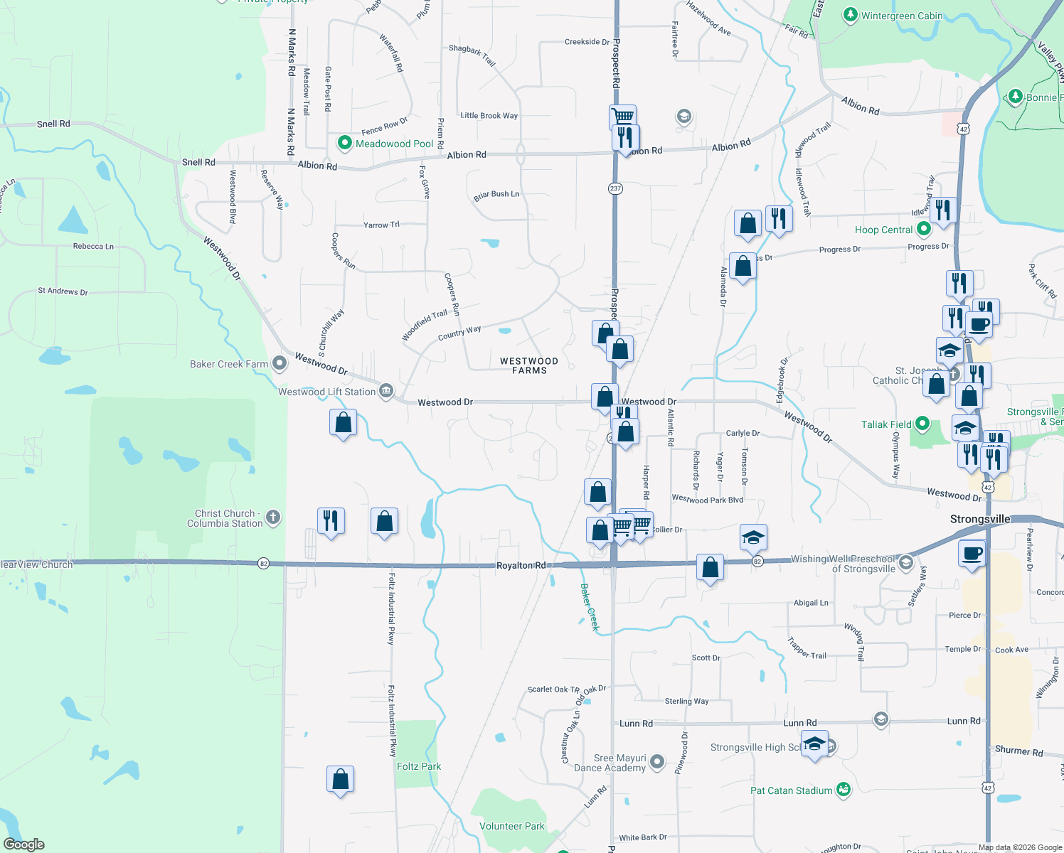 map of restaurants, bars, coffee shops, grocery stores, and more near 22000 Olde Creek Trail in Strongsville