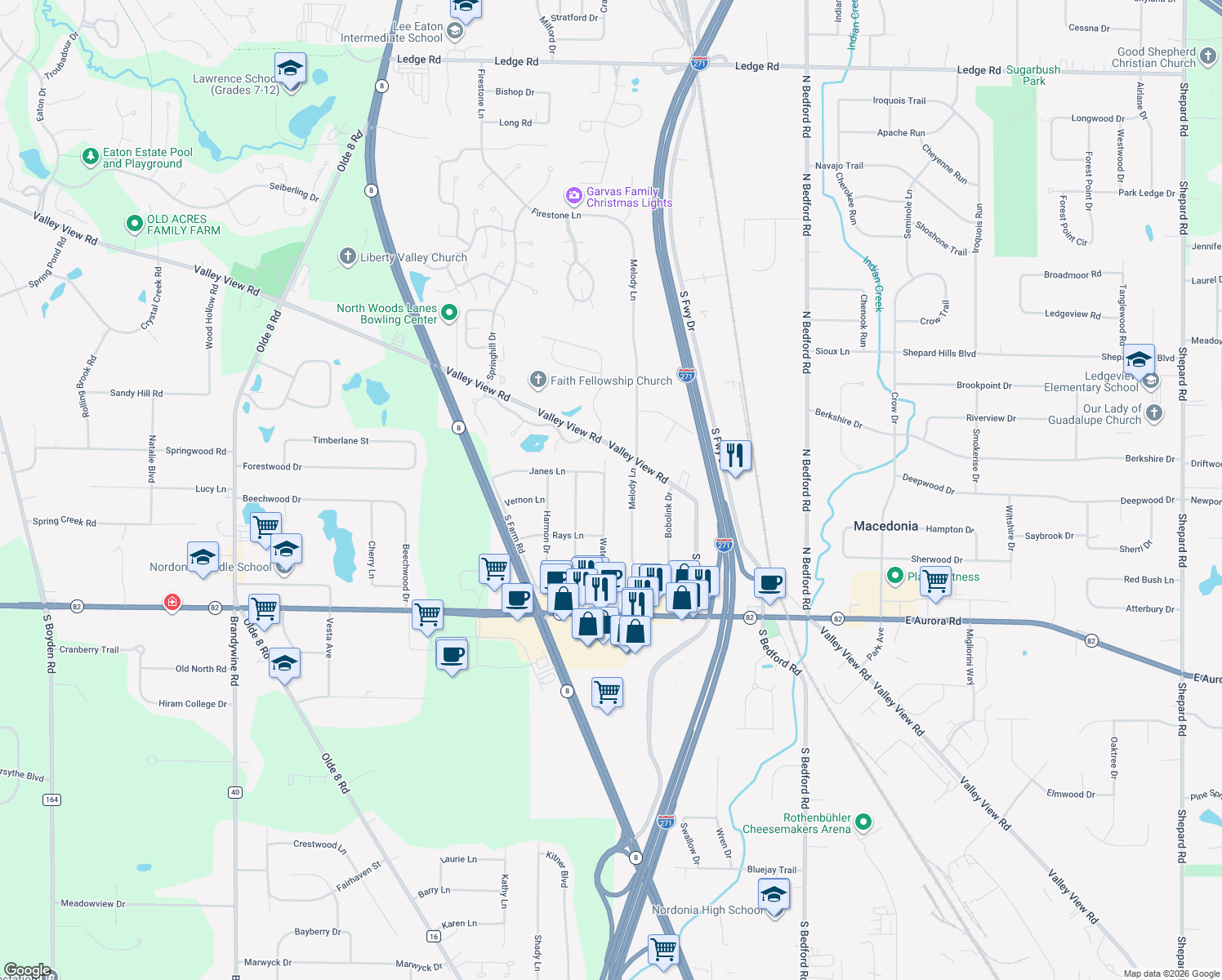 map of restaurants, bars, coffee shops, grocery stores, and more near 8399 Waters Drive in Macedonia