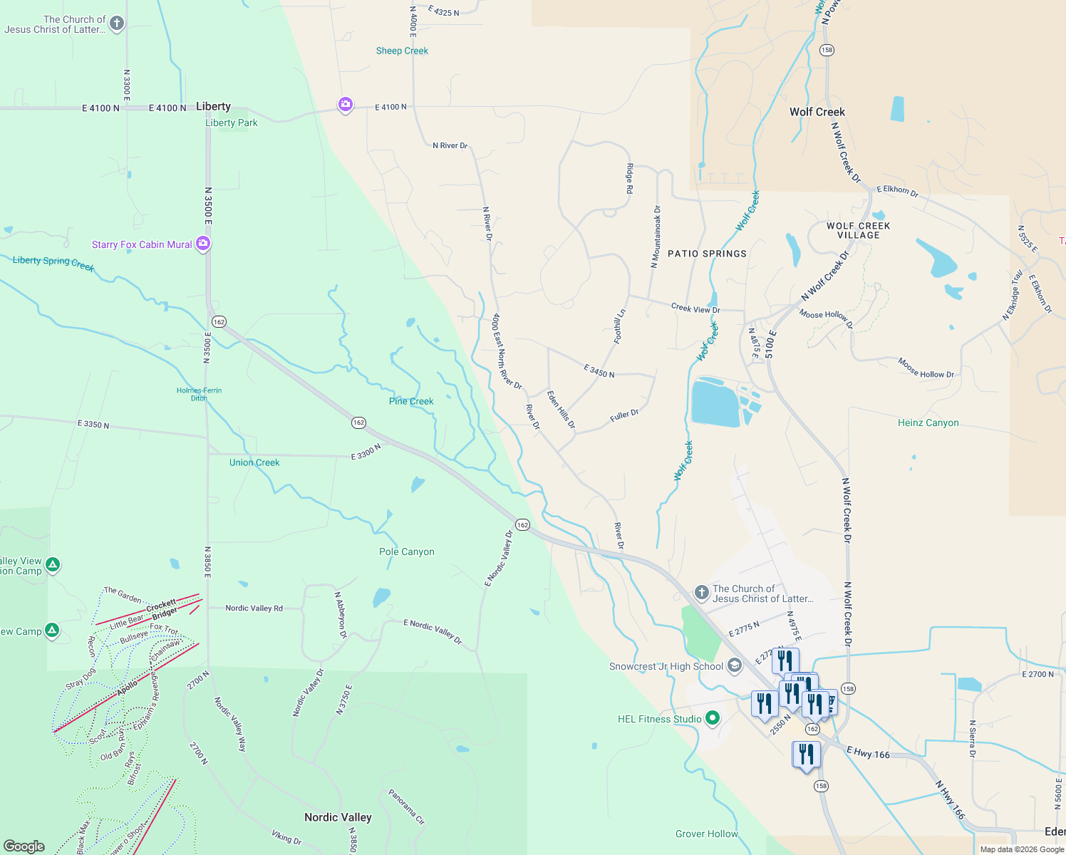 map of restaurants, bars, coffee shops, grocery stores, and more near 3291 North River Drive in Eden