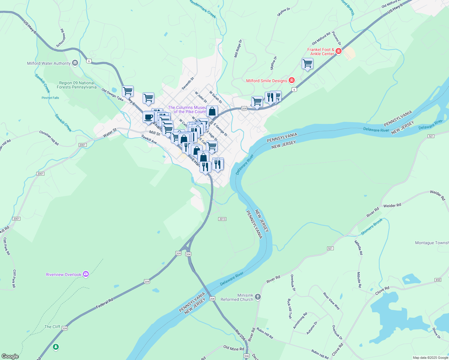 map of restaurants, bars, coffee shops, grocery stores, and more near 200 2nd St in Milford